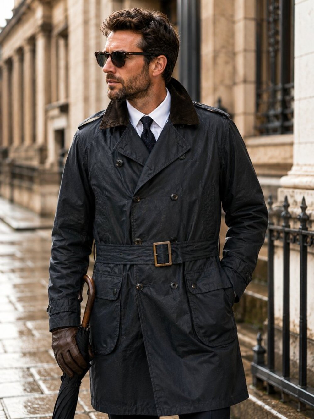 Barbour Ovener Wax Trench Coat Navy XL Belted British Heritage Jacket